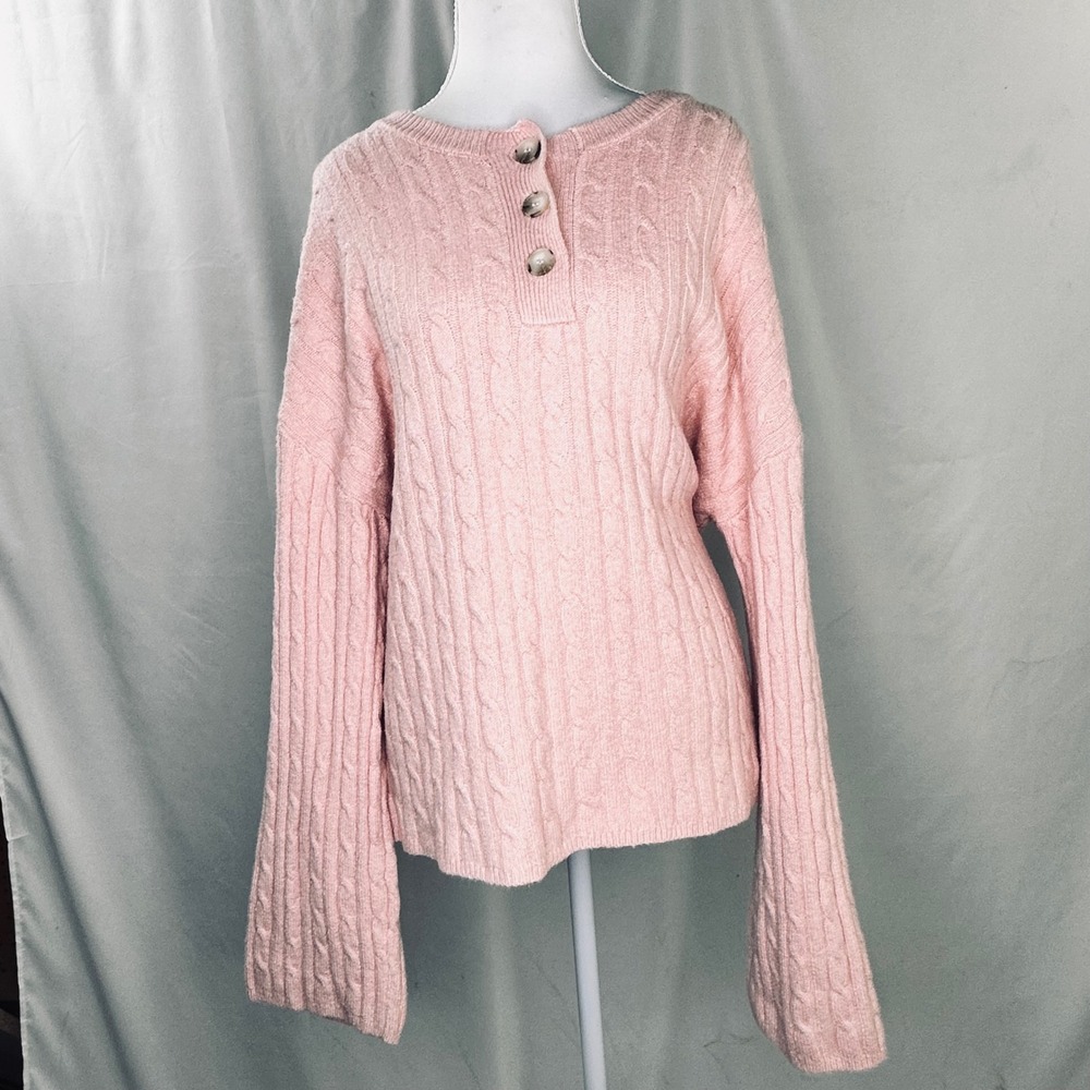 Single Thread M Henley Cable Knit Sweater Soft Pink Coquette Balletcore Feminine